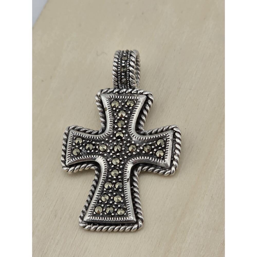 STERLING SILVER 925 Jesus cross pendant marcasite STONES - Picture 4 of 13